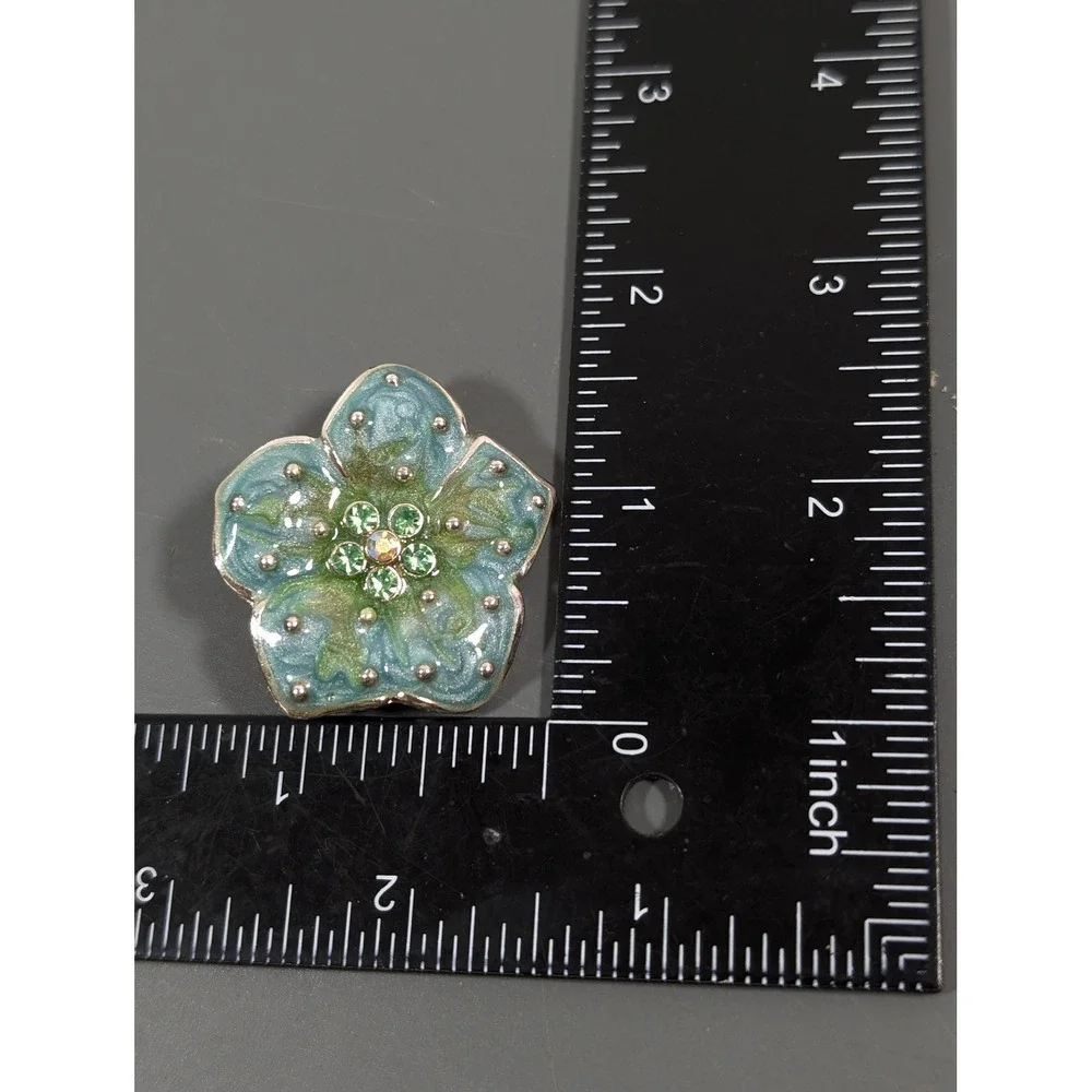 Blue Green Enamel‎ Flower Brooch Rhinestone Silver Tone Swirl Pin